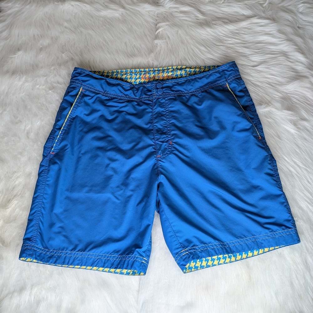 Robert Graham Board Shorts Men 34 Blue Classic Fit Houndstooth Trim Swim Trunks